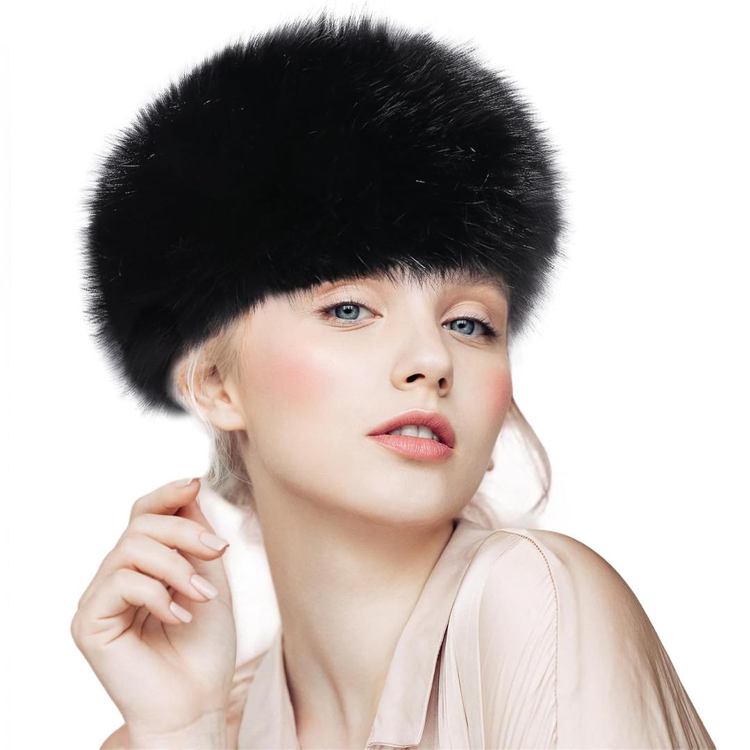 Faux Fur Headbands for Women, Fluffy Winter Headbands for Women, Women's Winter Headband with Elastic (Black)