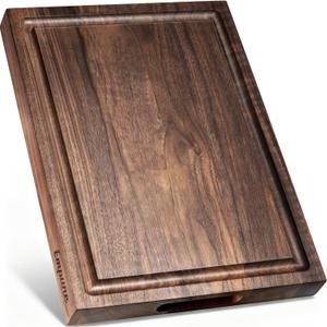 Empune Black Walnut Wood Cutting Boards for Kitchen Wooden Cutting Board with Handle, Chopping Board with Built-in Juice Groove & Well, Heavy-duty Charcuterie Board Butcher Block, 16.5x11.8x1.4 Inches