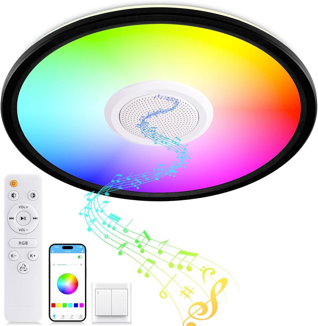 RGB LED Ceiling Light, with Bluetooth Speaker, 24W 11Inch Smart Music Ceiling Lamp with App and Remote Control, 3000K-6500K Color Changing Lights Fixture for Child Bedroom Bathroom, Black, 11.5 inch