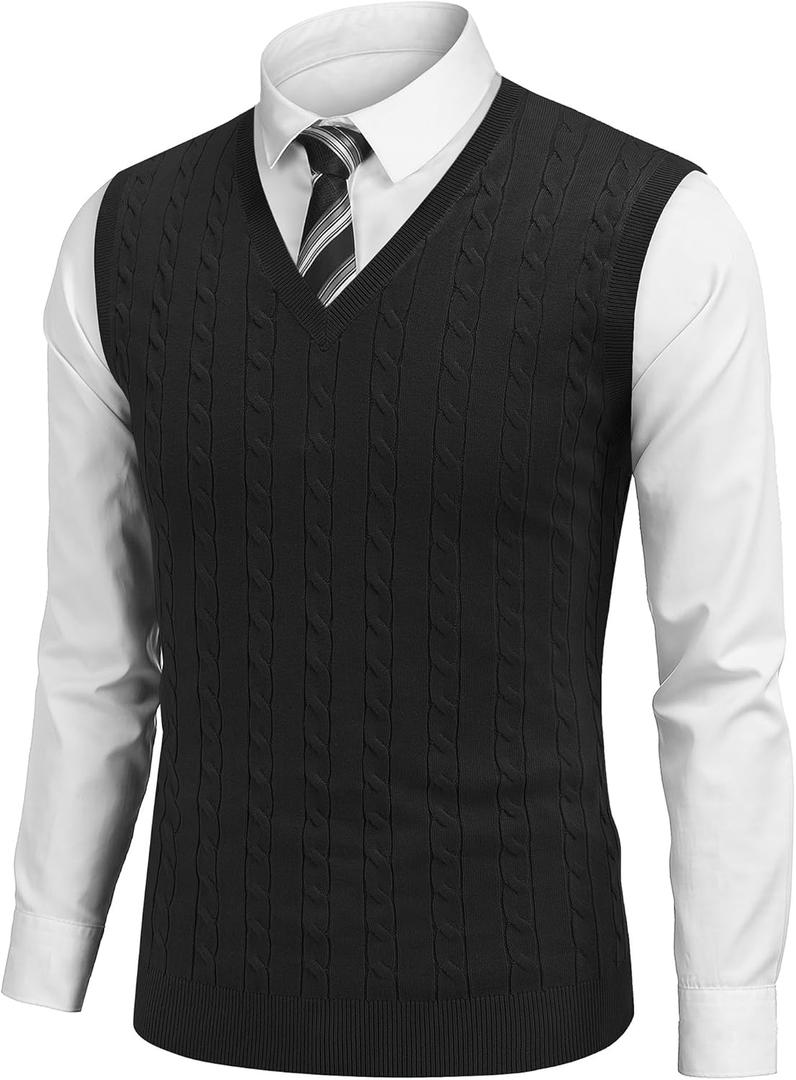COOFANDY Men's Sweater Vest Cable Knitted V Neck Slim Fit Sleeveless Pullover Sweater (Medium, Black)