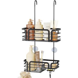 SWTYMIKI Shower Caddy Hanging Organizer - Over the Door Shower Caddy with Soap Holder, 11 Hooks, 2 Installation Ways, Stainless Steel Rustproof Bathroom Organizer, Black