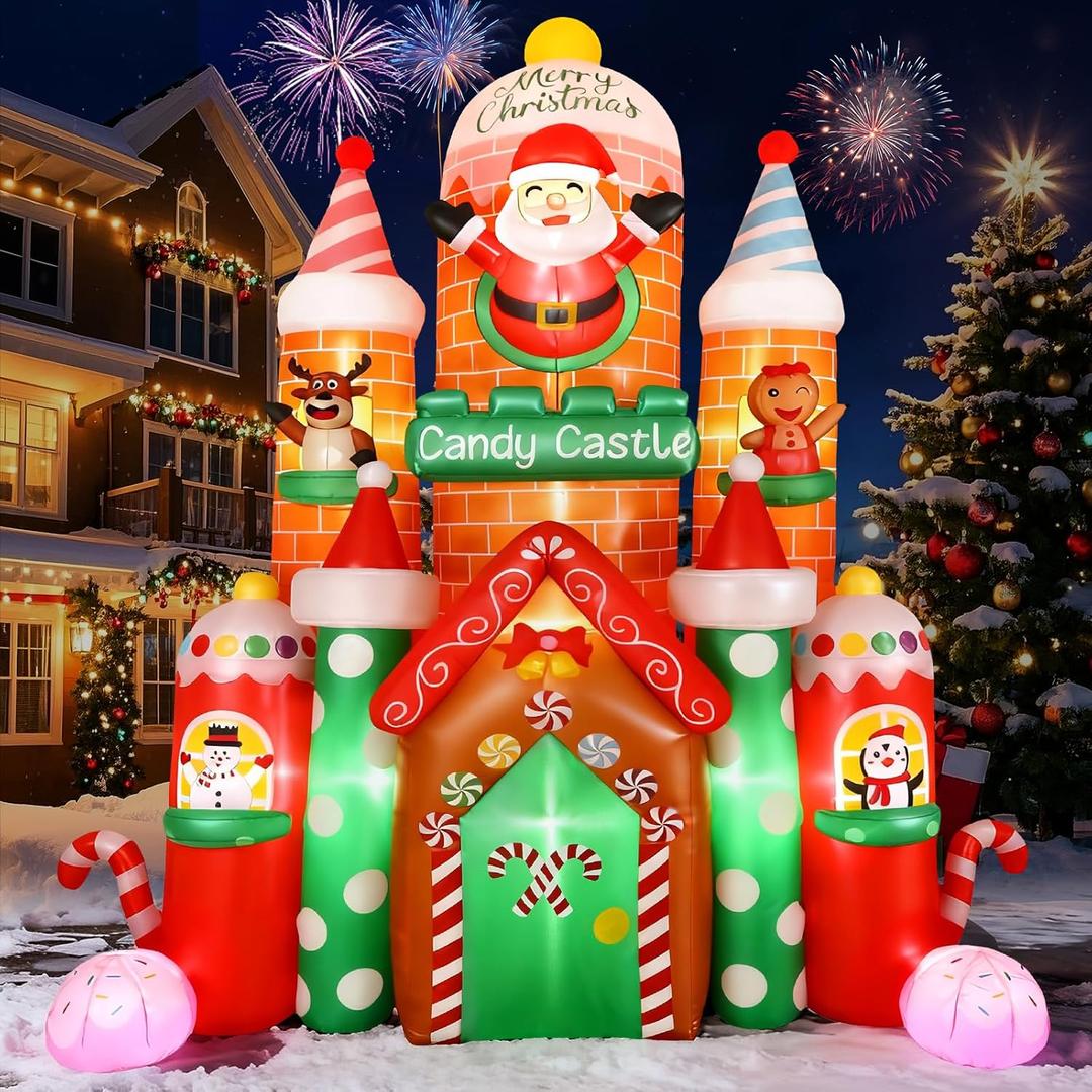 Alupssuc 11FT Christmas Inflatable Giant Candy Castle Outdoor Decoration with Built-in LED Lights, Blow up with Santa Claus Reindeer Gingerbread and Snowman for Outside/Indoor Xmas Yard, Garden Decor
