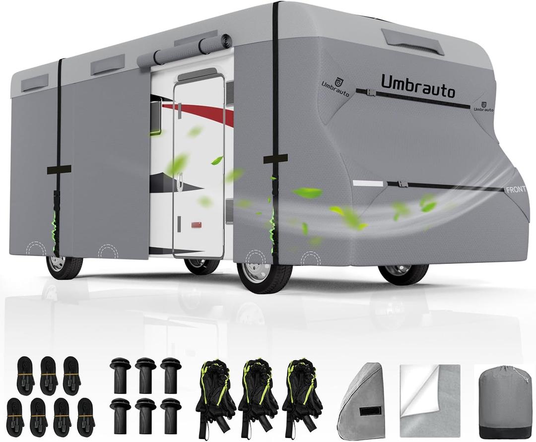 Umbrauto RV Cover Class C Upgraded 7 Layers Anti-UV Top Panel Motorhome Cover Windproof Camper Cover for 23' to 26' Motorhome with 3Pcs Extra Straps, Adhesive Repair Patches, 6 Gutter Covers