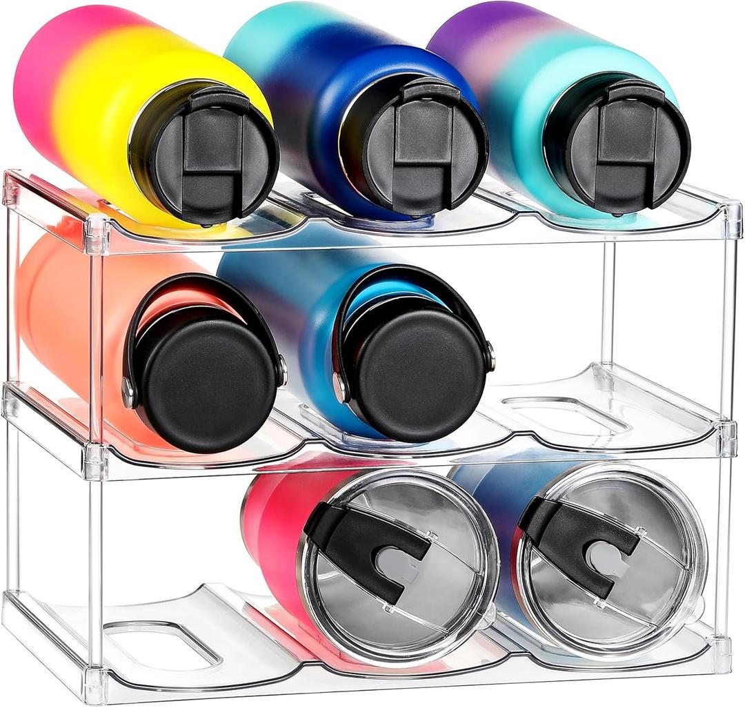 LARGER Compartment - Stackable Water Bottle Organizer Holder - for Stanley & Others' Large Tumbler - Clear WineRack, Cup Bottle Holder for Cabinet Home Countertop Fridge Pantry Shelf, 3 Tier Hold 9