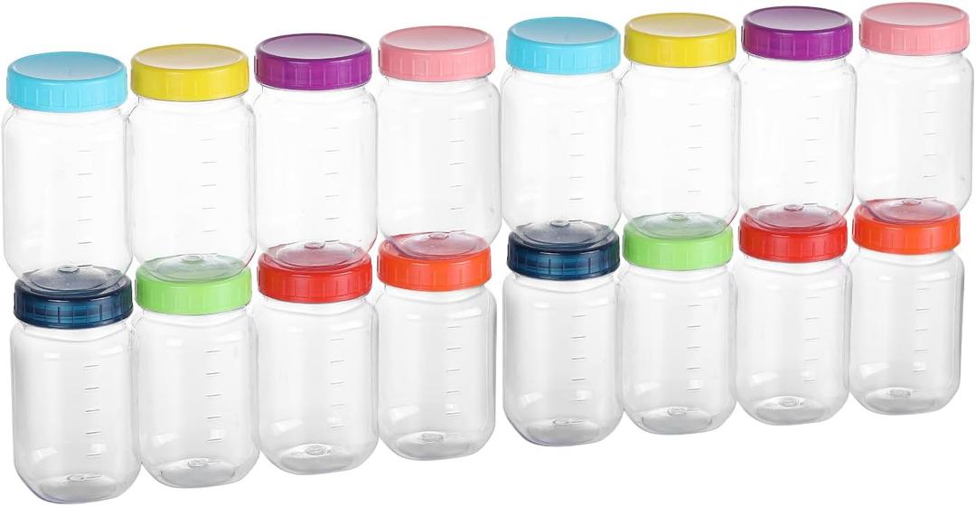 novelinks 16 Pack Plastic Jars 16 oz With Colorful Lids Wide-mouth Mason Jars 16 oz With Lids Plastic Containers For Storge Decoration (16)