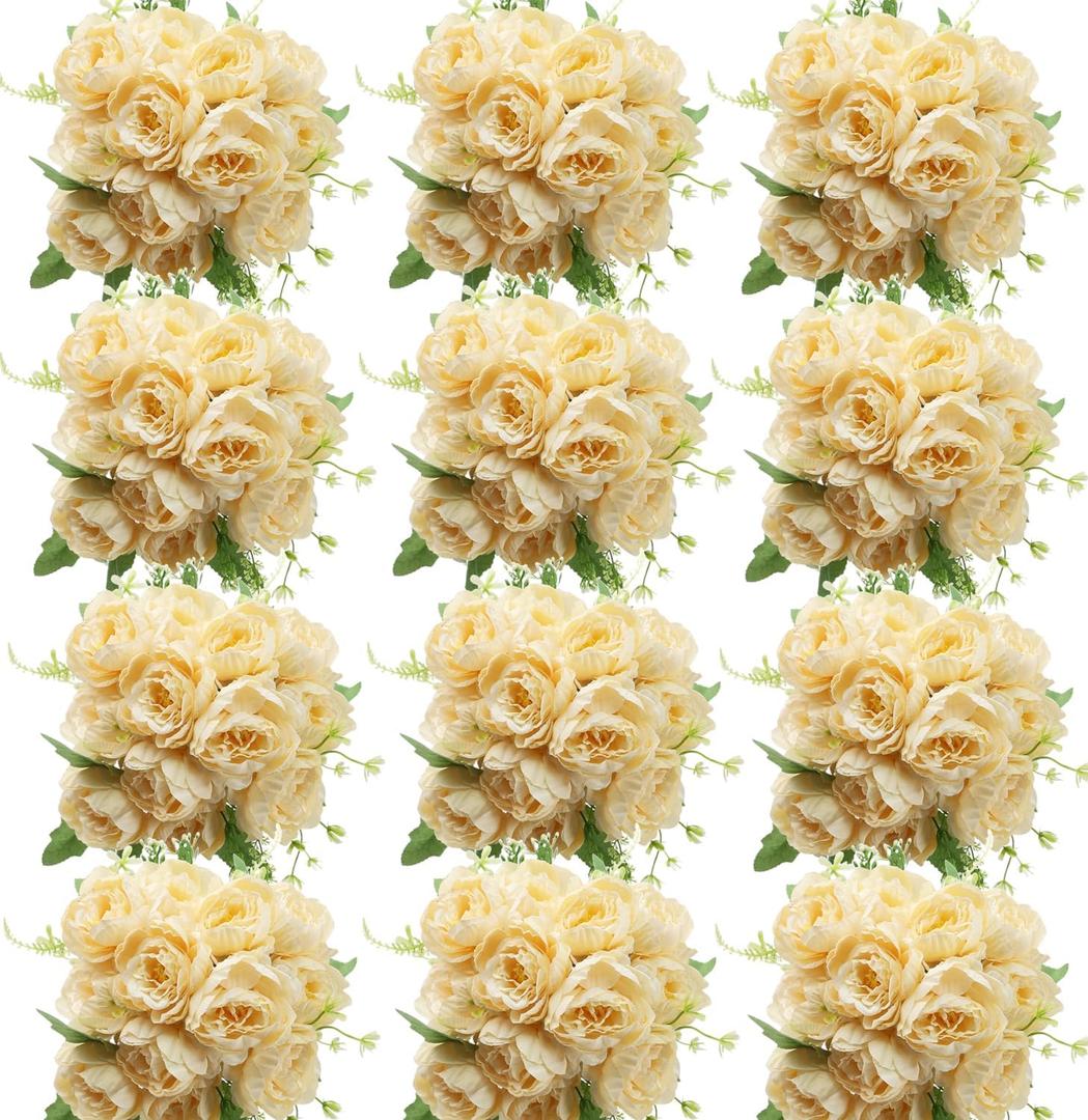 12 Bundles Fake Artificial Peonies Silk Flowers Fake Peony Bouquet Faux Peonies Flowers Bulk for Decoration Florals Arrangements Wedding Home Party Table (Champagne)