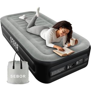 Sebor Twin Air Bed with Built-in Pump, 18" Durable Self-Inflating Air Mattress with High-Speed Air Pump, Comfortable Blow Up Mattress, Inflatable Bed for Guests, Camping, Travel
