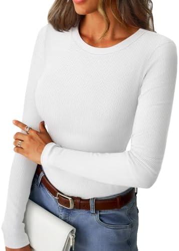 GKBK Womens Long Sleeve Ribbed Tops Fitted Stretch Basic Tee Shirts Casual Crewneck Tight Layering 2025 Fall Fashion Outfits, XS