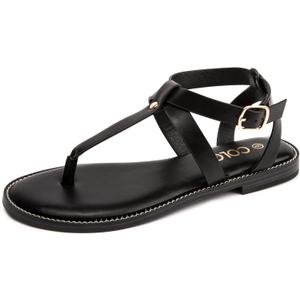 Colgo Thong Flat Sandals, Casual Women T-Strap Dress Sandals with Adjustable Ankle Buckle for Summer Wedding (9, Ls Black/Sdl)
