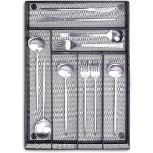 WuGeShop 6 Compartments Metal Mesh Kitchen Flatware Organizer Tray, Silverware Drawer Organizer/Utensil Holder and Cutlery Tray with Non Slip Mat (Black)