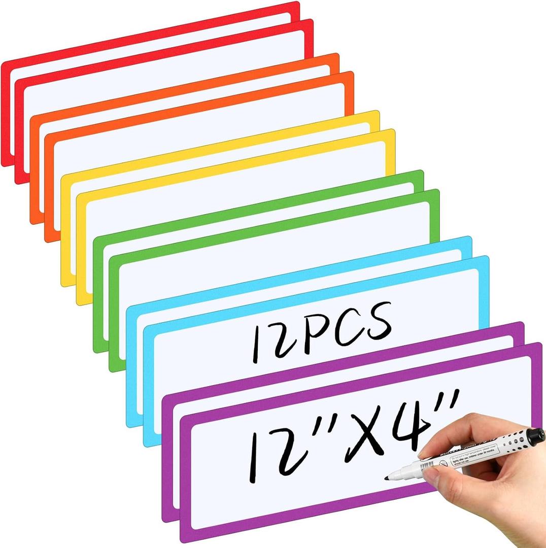 Janlaugh 12 Pcs Large Magnetic Dry Erase Labels for Classroom, 12 x 4 Inch Rectangle Magnetic Name Plates Label Flexible Magnet Stickers for Whiteboards Refrigerator(White Background+Border,Style 2)
