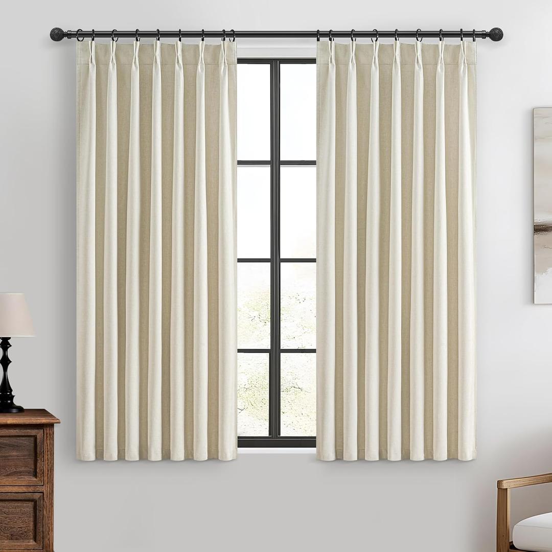 Warm Cream Insulated Thermal Textured Pinch Pleated Cafe Short Curtains 45 Inch Length,Blackout Drapes Flax Linen 2 Panels Set Bathroom/Basement/Kitchen Curtain for Small Half Window Light Beige