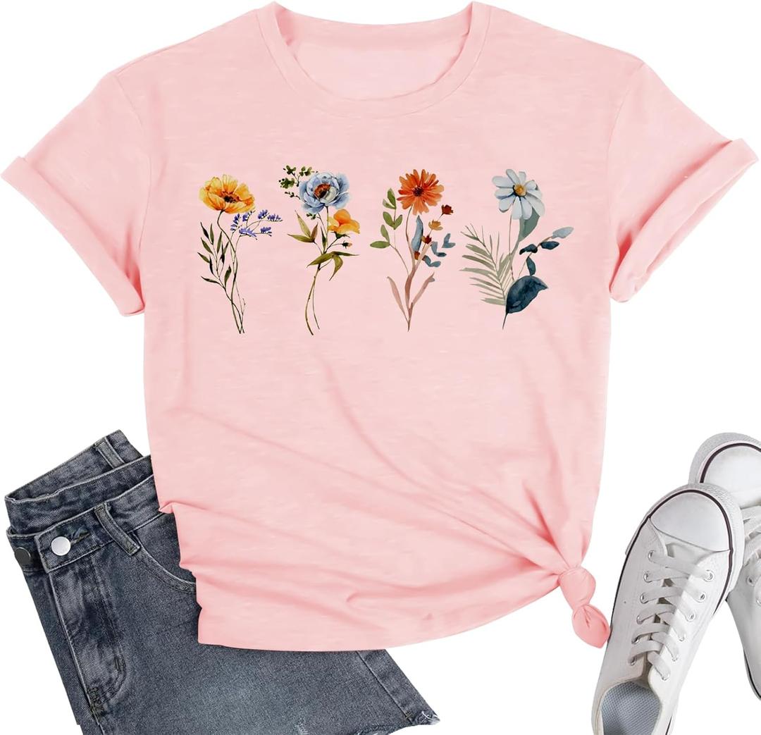 Cat Shirts for Women Flower Tee Shirts Dandelion T Shirt Vintage Floral Tee Tops Women Graphic Tees (M)