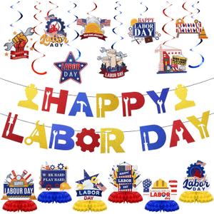Lenwen 48 Pcs Happy Labor Day Decors Set with Labor Day Banner 3D Honeycomb