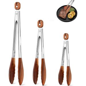 Wooden Tongs Set Of 3 (7", 9", 12"), Stainless Steel BBQ Tongs For Cooking, Frying, Grilling And Salad, Heat Resistant, Non-Slip, Heavy Duty