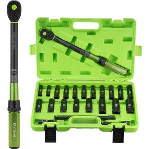 1/2" Drive Click Torque Wrench with Deep Impact Socket (6~24mm),Dual-Range10-170ft.lb/13.6-230.5Nm3% Precision,10" Extension Bar,Universal Joint,Drill Adapter