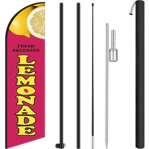 HunnmingRe 11.2 ft Cute Lemonade Feather Flag with Pole - Windless Flag Banner with Ground Stake Outdoor Advertising Banner for Business(1 Pcs, Pink)