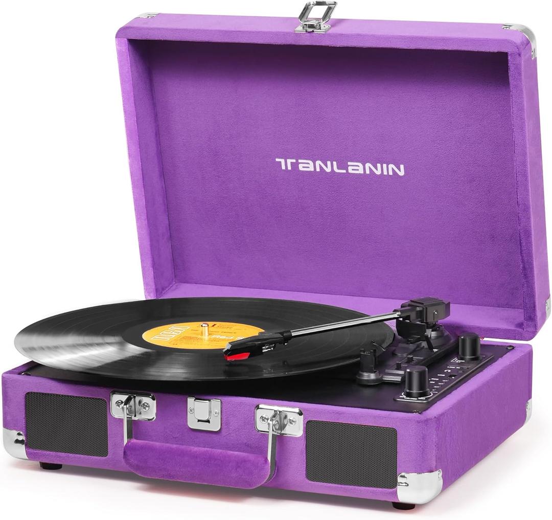 Velvet Vinyl Record Player - 33 45 78 RPM Portable Suitcase Vintage Turntable with USB Recording, Bluetooth, Built-in Speakers, Belt-Driven, Purple