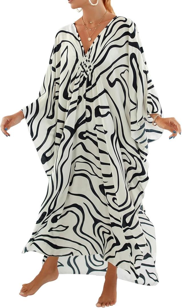 cthseie Women Animal Print Kaftan Dresses Plus Size Swimsuit Coverup 2025 Summer Bathing Suit Caftan Loungewear Beach Dress (Black White Lines)