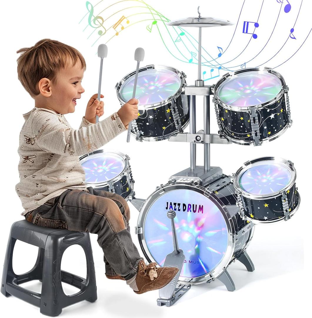 Kids Drum Set for Toddlers 1-3, Upgraded Jazz Drum Set for Kids, Musical Instrument Toys & Lights & All Plastic, Percussion Beginner kit for Boys Girls Toddlers Aged 3-5 5-7, Small