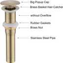 Champagne Gold Bathroom Sink Drain Without Overflow - Pop Up Drain Assembly Kit, Brass/Stainless Steel with Detachable Strainer Basket