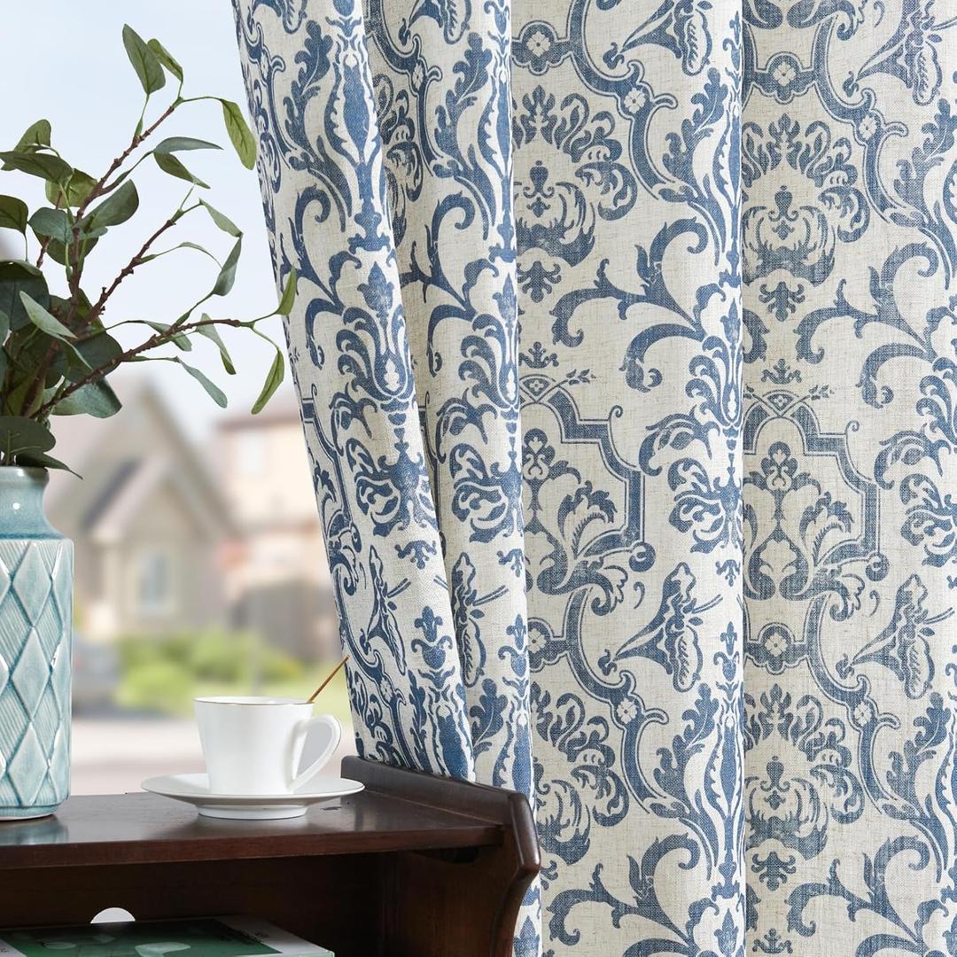 jinchan Curtains for Bedroom, Light Filtering Curtains 72 Inch Length 2 Panels Set, Baroque Style Linen Drapes for Living Room, Vintage Damask Patterned Window Treatments, Grommet Slate Blue on Flax