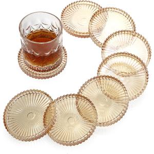 Modern Clear Coaster Set of 8- Glass Coasters for Drinks Crystal Coasters Round Cup Mats Coffee Table Decor for Office, Kitchen, Bar, Dining Room, Living Room, Patio(Amber)