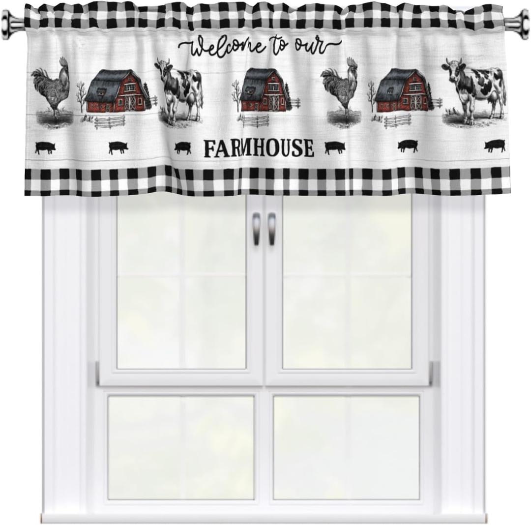 Giwawa Farmhouse Barn Curtain Valance for Kitchen Living Room Cow Rooster Blackout Rod Pocket Home Decoration Window Treatment Valance, 54" x 18"