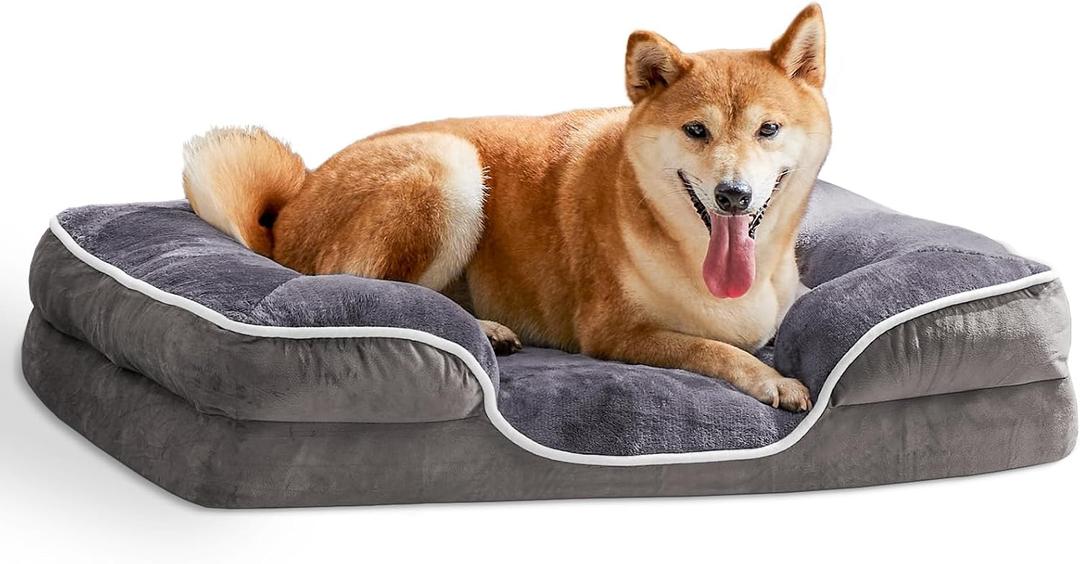Orthopedic Dog Bed for Large Dogs, Waterproof Memory Foam Pet Beds with Sides, Washable Removable Cover, Non-Slip Base, Egg Crate Foam Couch for Improved Sleep, 35" L x 25" W x 6.5" Th (Grey)