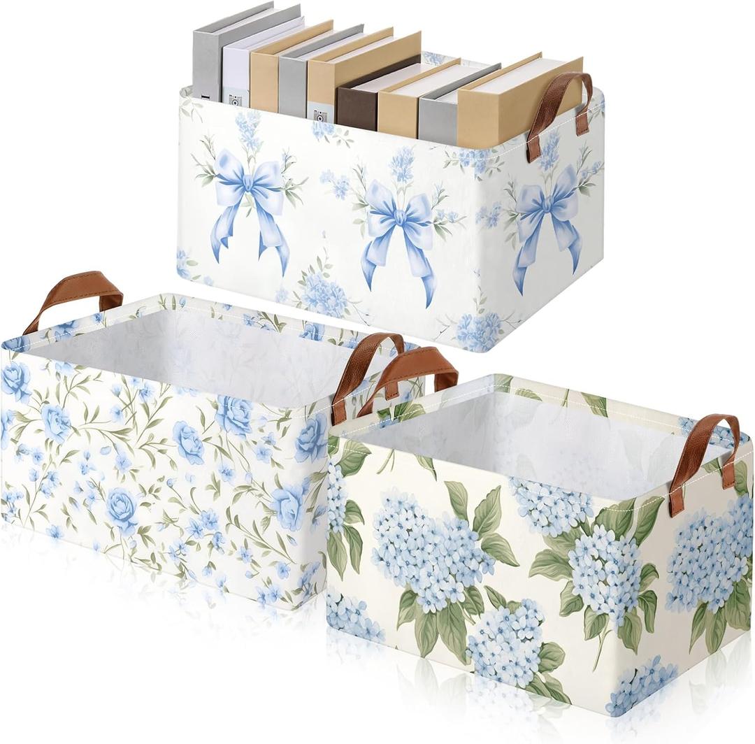 Boao 3 Pcs Blue Hydrangea Bow Storage Bin Flowers Collapsible Large Storage Baskets for Gifts Canvas Laundry Basket Foldable Box with Handle for Office Home Bedroom Clothes (15 x 11 x 8 Inches)