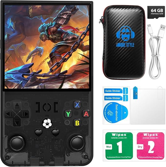 R36MAX Retro Handheld Game Console, 4.0 Inch 720x720 IPS Screen, 64GB Built-in 18,000+ Classic Game, Portable Hand Held Open Source Linux System, 4000mAh Battery Retro Gaming Console(Black 64GB