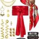 31 Pieces Pirate Costume Women Accessories Pirate Hat Head Scarf Sash Belt Renaissance Necklace Earrings for Party (Plus Size, Red Print, Gold)