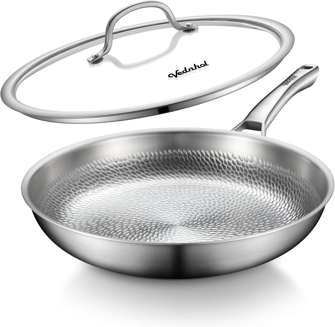 VEDNHOL Titanium Pan, 12 Inch Pure Titanium Hammered Pro frying pan with Lid, NonToxic Skillet for Cooking, PFAS/PFOA/PTFE Free Cookware, Dishwasher&Oven Safe, Kitchen Induction Compatible