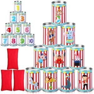 PullCrease 13 Pcs Carnival Can Game Bean Bag Toss Game Carnival Games with 10 Tin Cans and 3 Bean Bag Game Easter Outdoor Games for Family Party Birthday Indoors Outdoors Activities (Vivid Style)