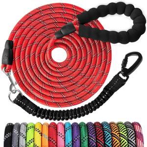 Long Dog Leash 15 FT: Heavy Duty Rope Leashes for Dogs Training with Swivel Lockable Hook Reflective Threads Bungee and Padded Handle - Dog Lead for Large Small Medium Dogs Outside Walking Hiking Red