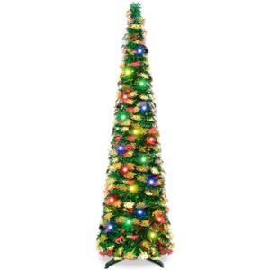5Ft Pop Up Christmas Tree with Lights, Collapsible Pencil Tree Green Gold, Skinny Christmas Tree Slim Xmas Tree, Artificial Tinsel Tree Foldable for Home Apartment Holiday Party Winter Decor