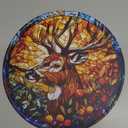 Deer Round Tin Sign Circular Stained Glass Style Metal Plaque Wreath Wall Decor Porch Home Kitchen Restaurant Bath Garden Backyard Hanging Garage Office Bar Decor Gift 12 Inch