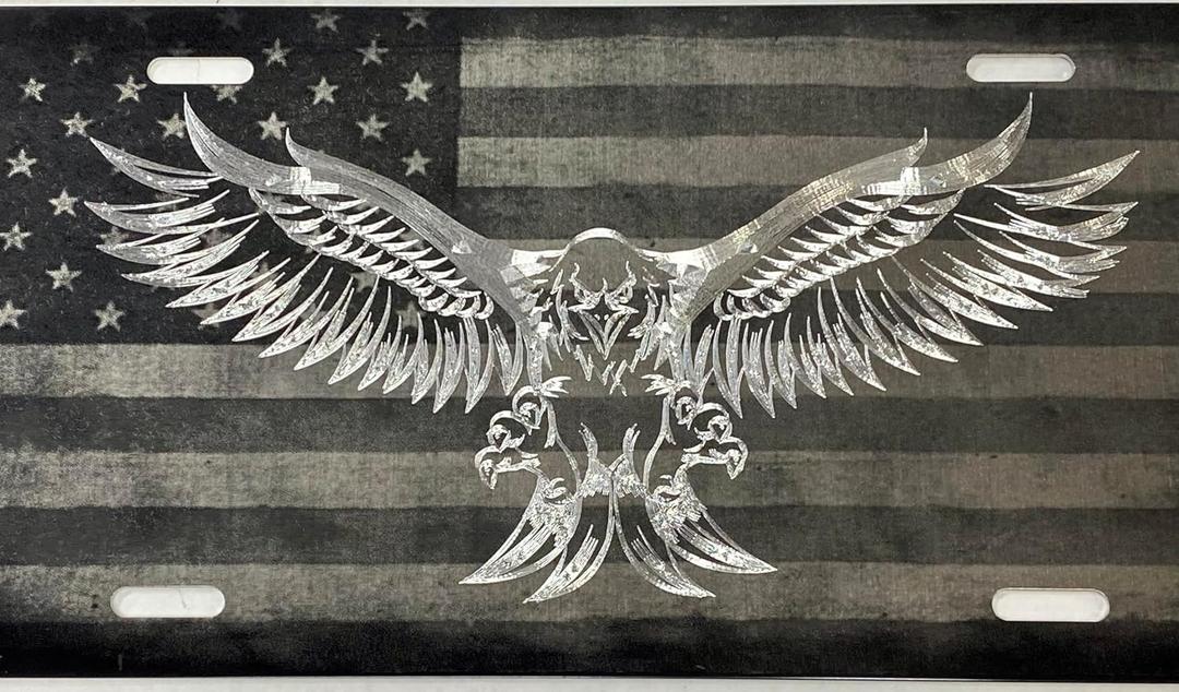 Combo Laser Diamond Etched Engraved US American Flag Eagle Car Tag License Plate