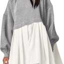 ANRABESS Women Sweatshirts Dress Oversized Long Sleeve Patchwork Casual Loose Pleated Pullover Mini Dress Fall Outfits 2025 (Gray, S)