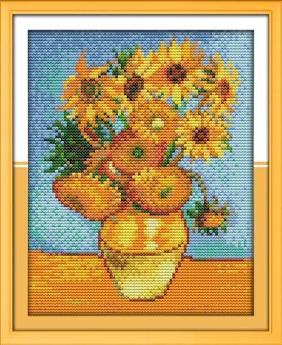 IUHUI 14 Count Stamped Cross Stitch Kits for Beginners Adults, Sunflower of Van Gogh Pre-Printed DIY 14ct Embroidery Sewing Starter Kit Needlework Easy Patterns Famous Paintings