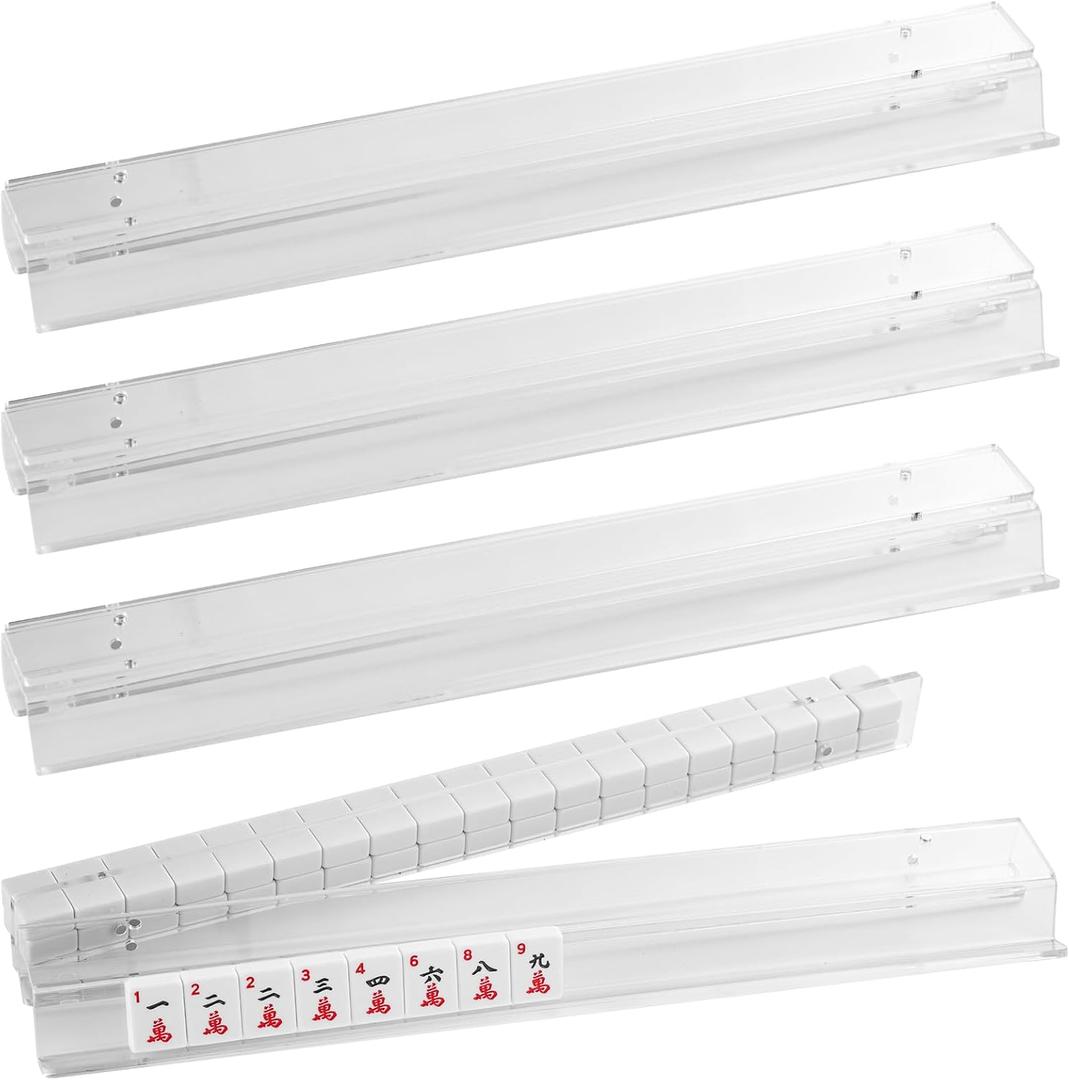 Acrylic Mahjong Racks with Magnetic Pushers, Set of 4 Clear 20-Inch Tile Rack and Pusher Combos with Silicone Non-Slip Pads, Modern American Mahjong Accessories (Clear, 20 in)