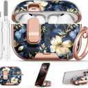 for AirPod Pro 3 Case 2025, with Safty Lock & Phone Stand for Floral AirPod Pro 3 Generation Case Cover for Women Girly, iPod Pro 3 Cases with Keychain & Cleaner Kit -Blue Gold Flower