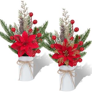 2 Pcs Christmas Centerpiece Table Decorations Christmas Floral Picks and Sprays Potted Plants with Poinsettia Berries Stems for Home Desktop Farmhouse Party Decor (14") (Red)
