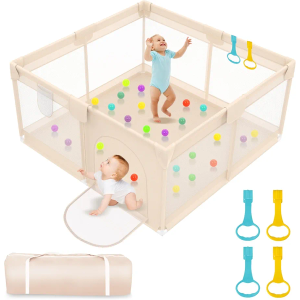 Abdtech Baby Playpen with Mat 79x71inch - Extra Large Play Pen for Babies and Toddlers Indoor & Outdoor Baby Playard with Soft Breathable Mesh Cover - Sturdy Foam Infant Gate Playpen(Apricot)