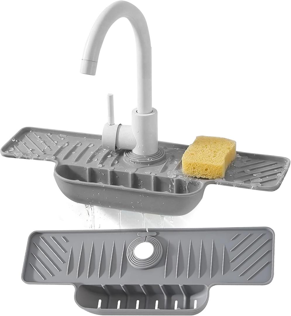 18 Inch Silicone Faucet Mat for Kitchen Sink Splash Guard, Adjustable Faucet Protector with Sponge Holder, Gray Drip Catcher Mat, Faucet Draining Mat