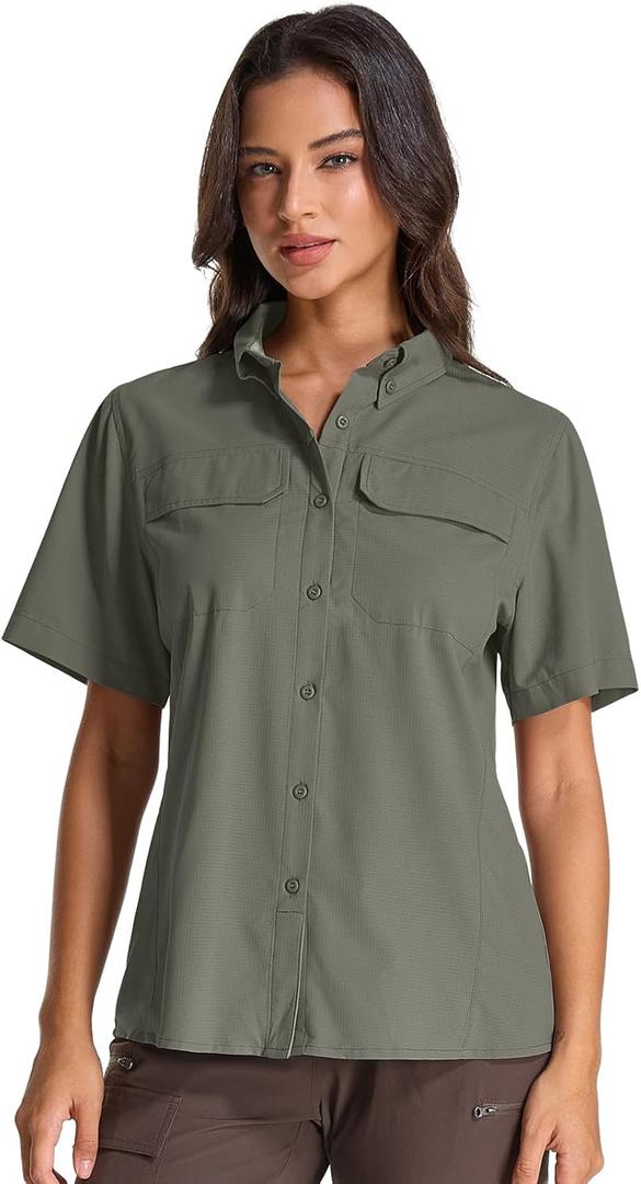 Womens Safari Hiking Sun Shirts Sun Protection Quick Dry Short Sleeve Button Shirts (Medium, Grey Green)