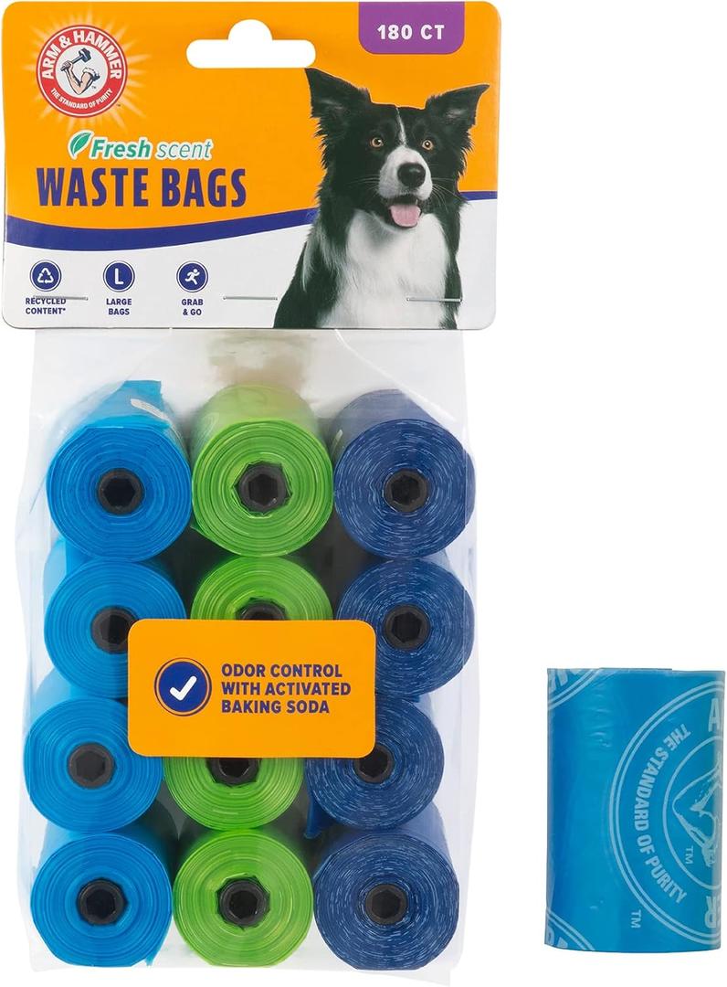 Arm & Hammer Easy-Tear Disposable Dog And Cat Waste Bags With Activated Baking Soda, 180 Dog Poop Bags, 9 x 14 Inches (Assorted)