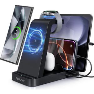 Wireless Charger for Samsung Charging Station, 5 in 1 Wireless Fast Charger for Galaxy S25 Ultra/S24 Ultra/S23/S22, Watch Ultra 7/6/5/4/3, Charger Dock Stand for All Galaxy Tab Series,Black