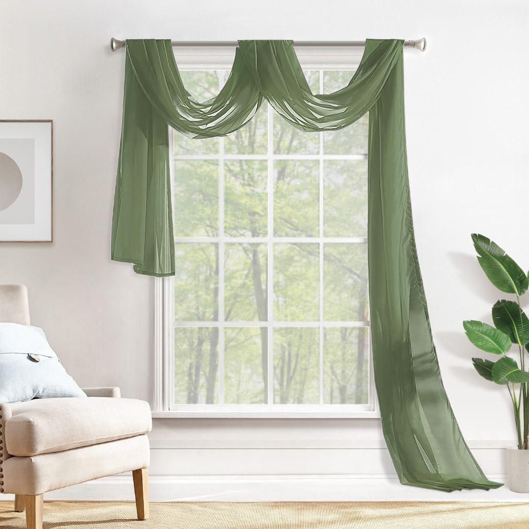 MIULEE Sheer Window Scarf Valance Extra Long Topper Spring Elegant Swag Curtains Luxury Draping Fabric for Wedding Arch Party Ceremony Canopy Bed Living Room, 37'' x 216'', 1 Panel Sage Green
