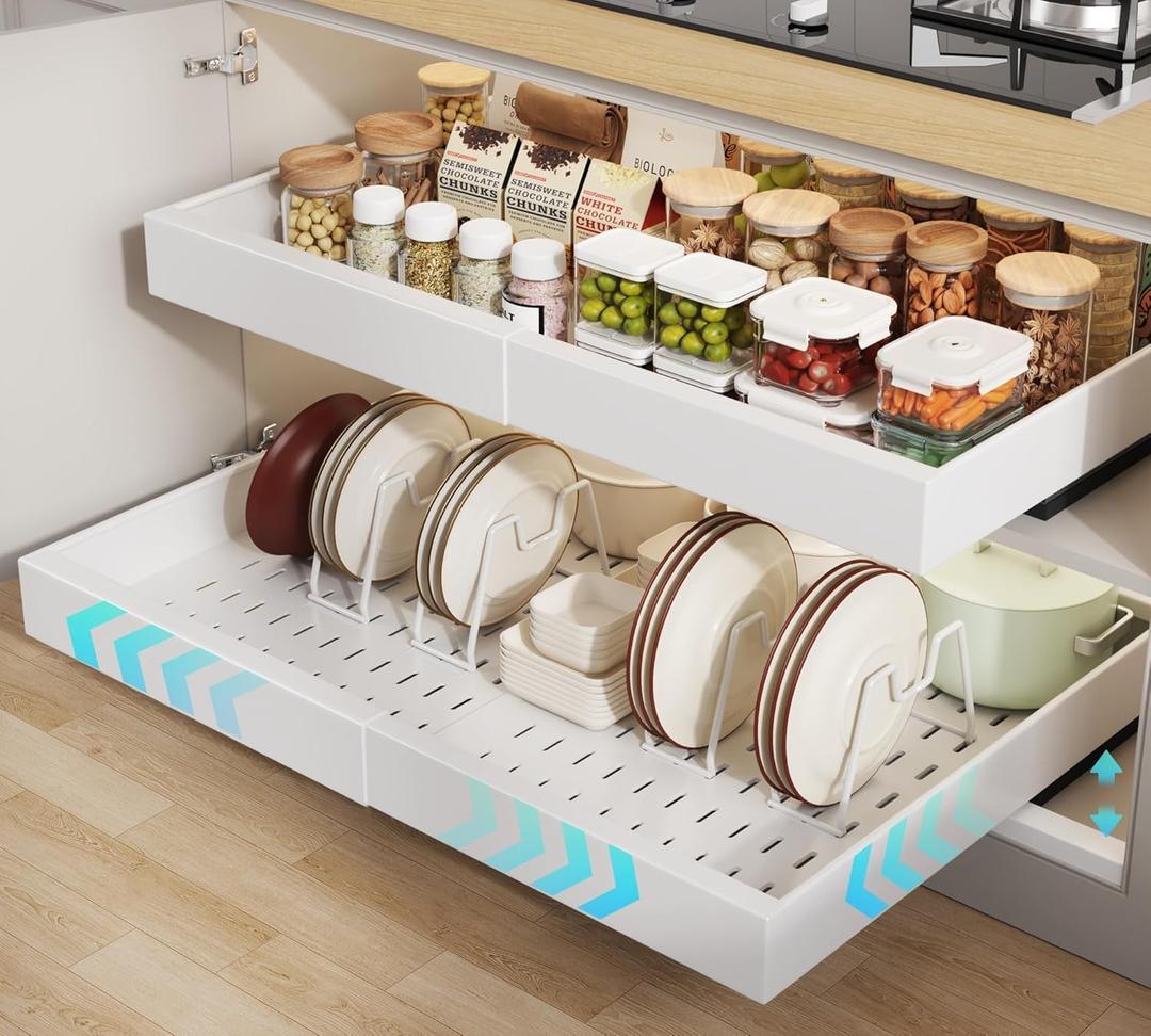 2 Pack Pull out Cabinet Organizer 21" Deep With Raising Pad for Framed Cabinets,Expandable (15.2"-26.3"W) Slide out Drawers for Kitchen Cabinets with 4pcs Divider Racks,Roll out Shelves,White